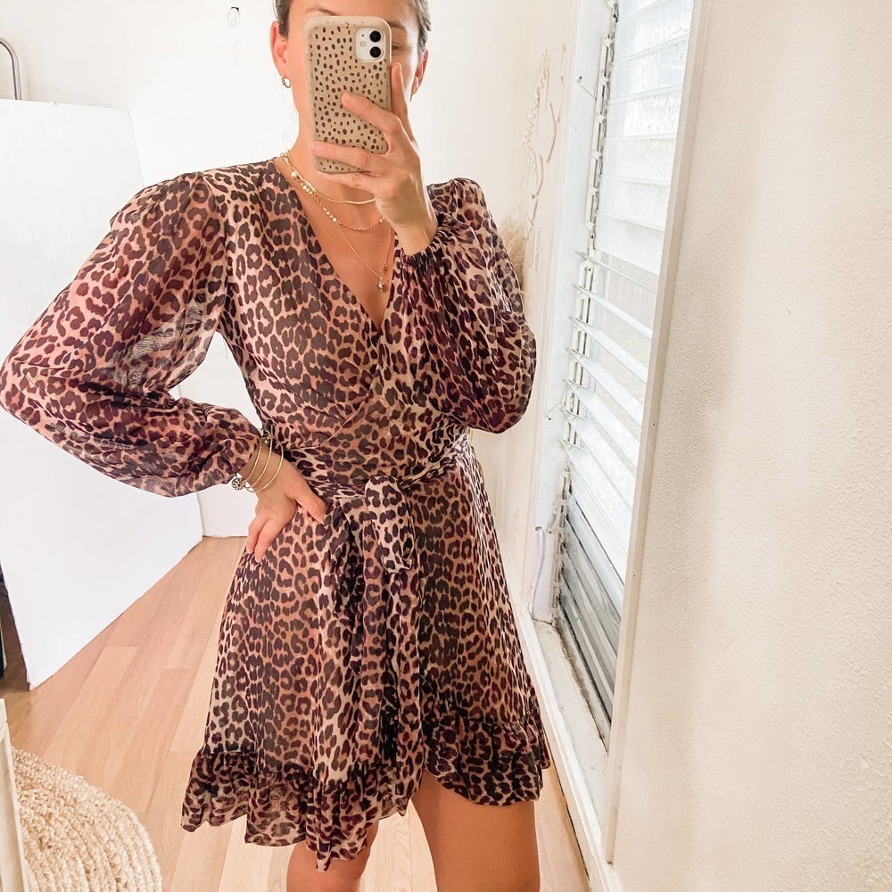 Ganni Animal Print Mesh Mini Wrap Dress Size Small 36 - Picture 4 of 15
